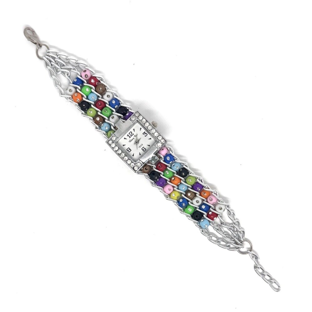 Ladies Watch with Silver Chain and Acrylic Bead Band #1143